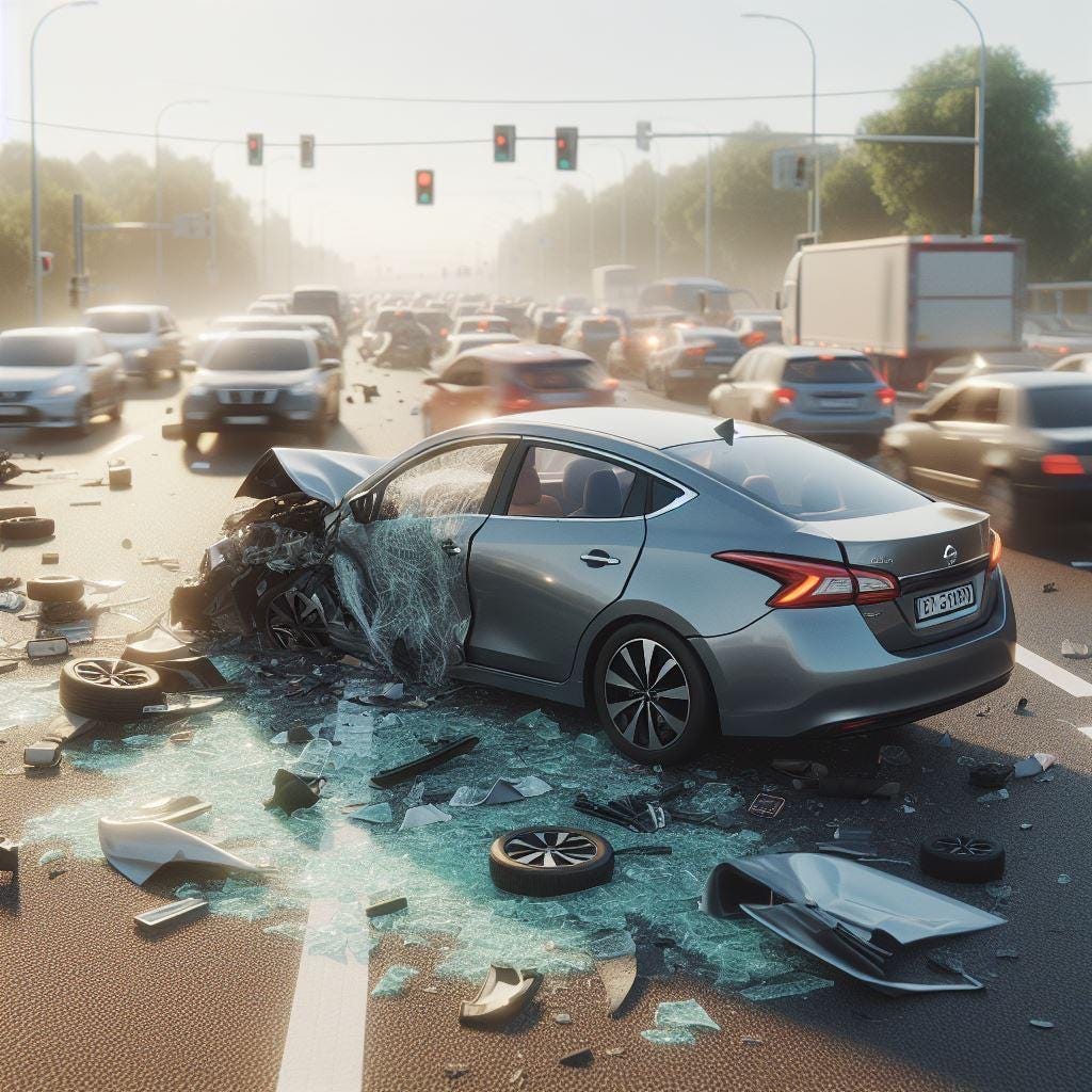 An AI image of a car wreck. No cars or people were harmed in the making of this image.
