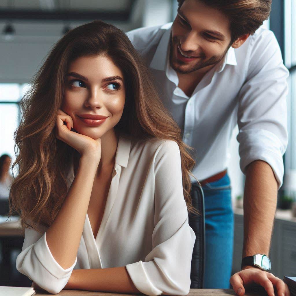 A pretty woman looks puzzled at a handsome man who is smiling indulgently at her. Office environment.