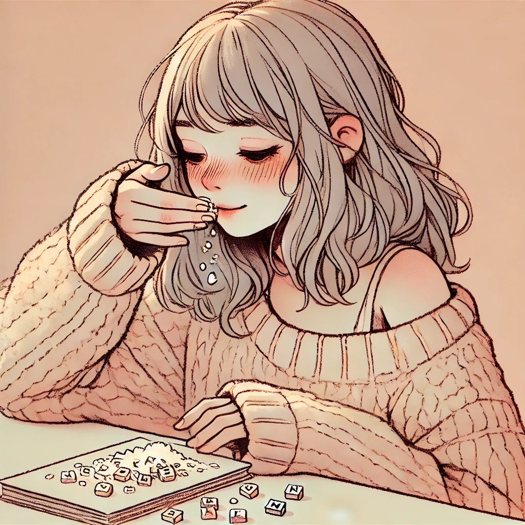 A soft, pastel-toned illustration of a young woman with a 'soft girl' aesthetic—gentle features, cozy sweater, and dreamy expression. She is sitting at a table, playfully and humorously 'snorting' scattered letters from a book or paper on the table, as if they were a drug. The scene should have a whimsical, lighthearted feel with warm, muted colors, capturing the humorous yet introspective nature of the idea.