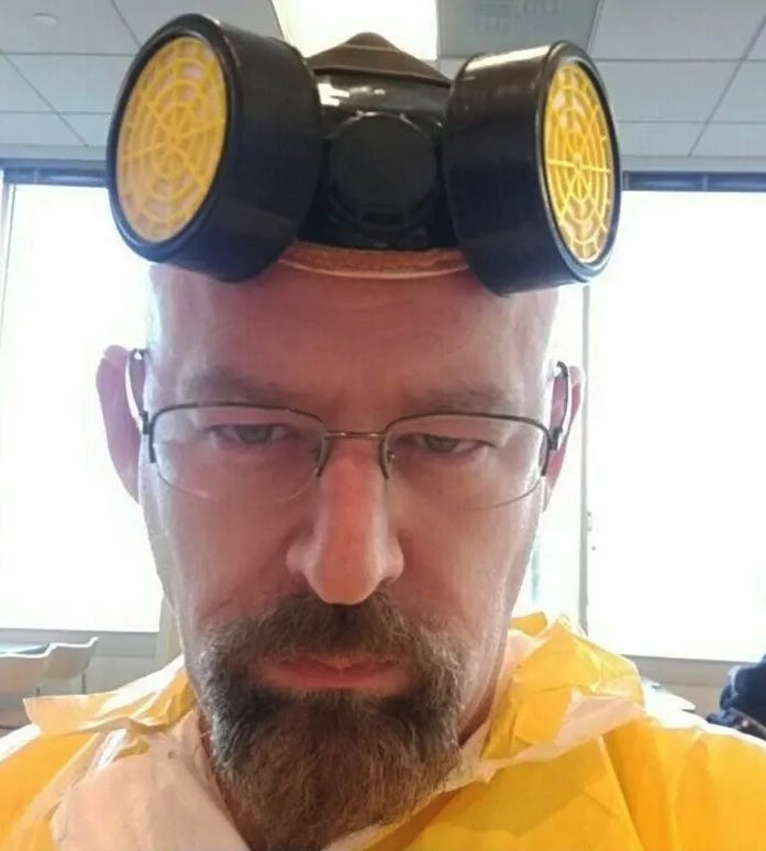 Brian Krewson’s Facebook photo shows him dressed as Walter White, a character in the Breaking Bad television series. Krewson has a side hustle as Mr Poto, offering to do character parts for corporate parties. Brian Krewson/Facebook