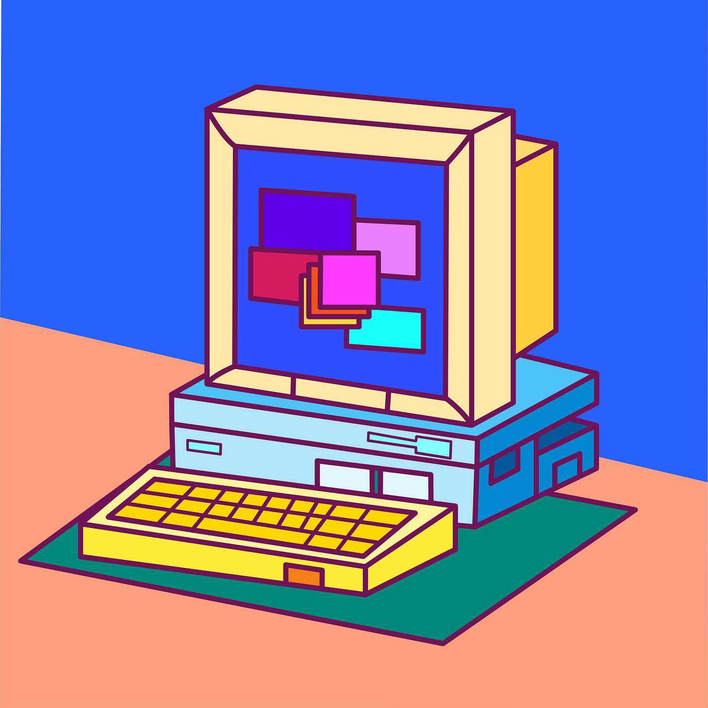  Colorful illustration of a retro desktop computer with a boxy monitor, floppy disk drive, and yellow keyboard. The screen displays overlapping multicolored rectangles, resembling early window-based interfaces. The background is split diagonally into bold blue and peach tones, giving the image a vibrant, nostalgic, pop-art style.