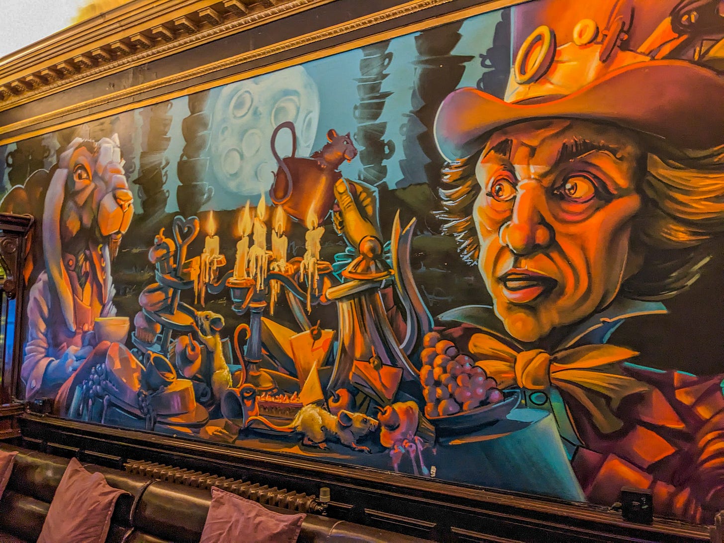 Mural showing the White Rabbit having tea with the Mad Hatter. 