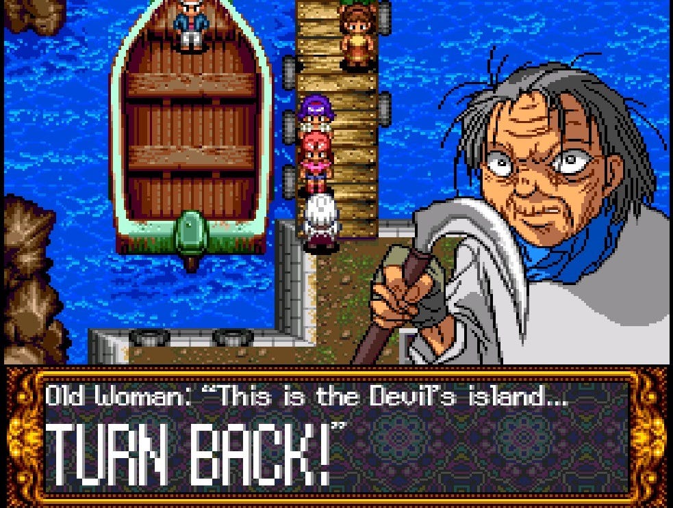 A screenshot of an old woman wielding a scythe yelling, "This is the Devil's island... TURN BACK!" at May and Motoko as they exit a small boat to get onto the island's pier.