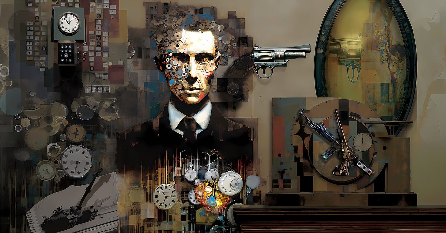 Titled "Every Clock Is a Handgun Pointed at My Head," this surreal portrait features a distorted face made of gears, clock parts, & objects against an abstracted background of clocks, gears, & shapes. The face has an intense, staring eye, with gears, clock hands, gun parts, & tank treads swirling around the head, adding a sense of violence and threat. Floating clocks display various times, surrounded by scattered mechanical pieces. The muted sepia color scheme includes pops of red & blue.  The Cyber-Dada style combines Dadaist absurdism & social commentary with a dystopian, futuristic aesthetic using gears, clocks, & weaponry. The piece expresses the autistic experience of time... as society measures it... fragmented, overwhelming,  threatening compared to neurotypical perception. The consuming clocks, gears, and gun parts represent time's psychological strain and disorientation for the autistic mind, creating a thought-provoking surrealist portrait capturing a unique interiority.