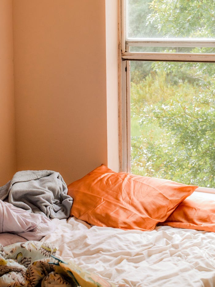 view of a bed and orange pillow with a green view out the window