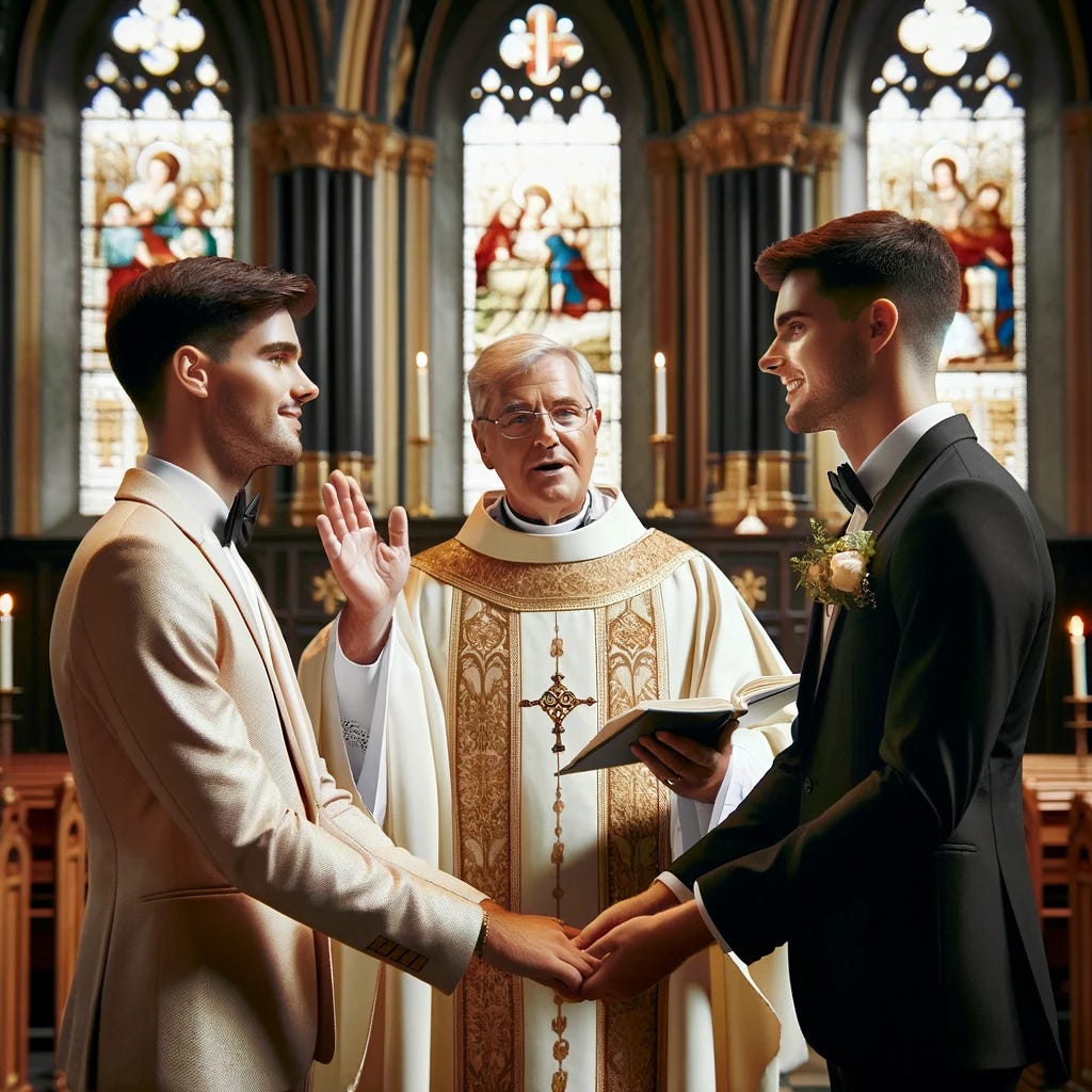 AI's imagination of a Catholic priest in traditional vestments blessing a same-sex couple inside a church. The couple, dressed in elegant formal attire, stands hand in hand, smiling warmly. The church interior is beautifully adorned with stained glass windows and glowing candles, creating a serene and sacred atmosphere.