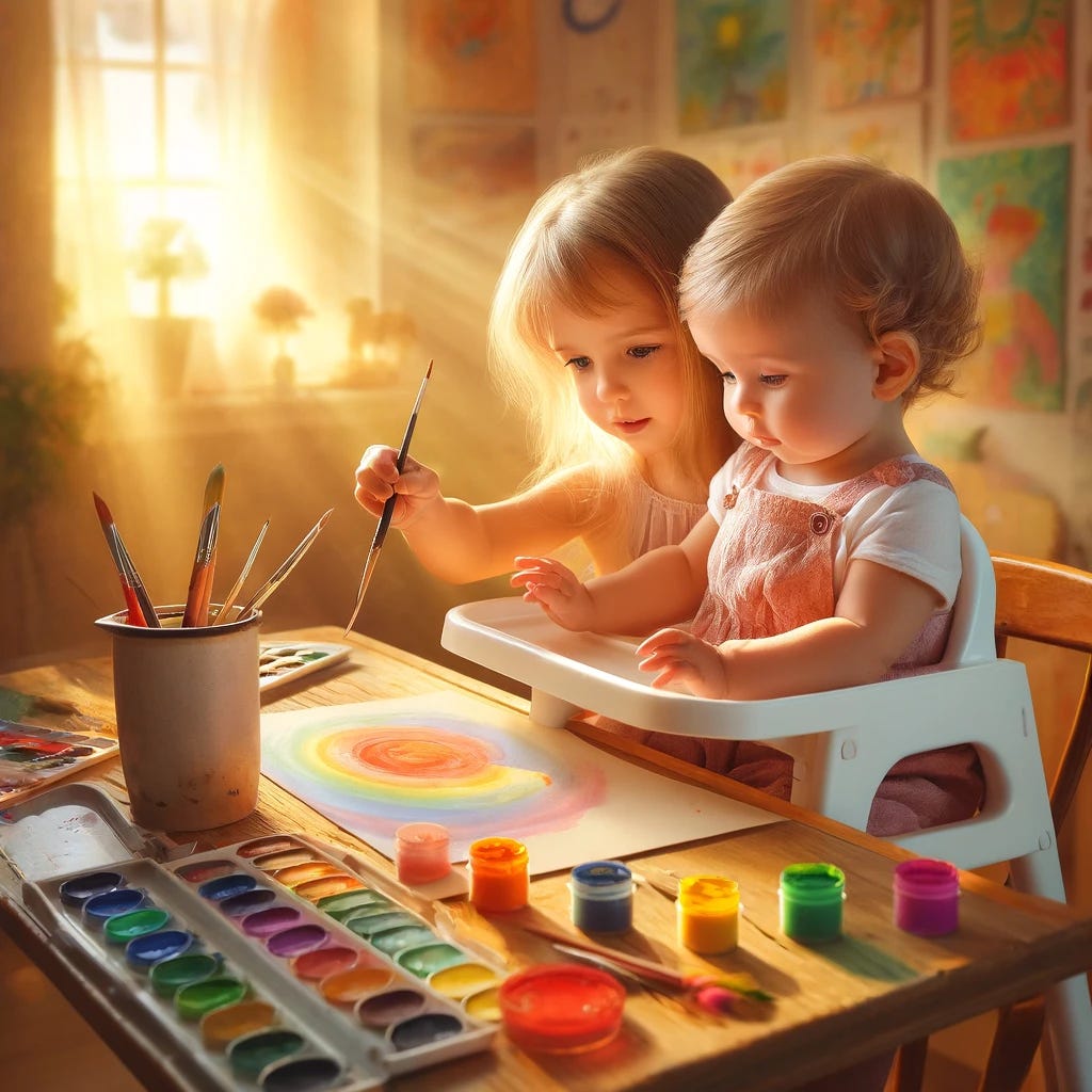 A delightful scene of a three-year-old child teaching their baby sister how to paint, set in a warm, sunlit room. The three-year-old is showing how to dip the brush into paint, illustrating a simple stroke on the paper with eager, focused attention. The baby sister, seated safely in a high chair at the table, watches with wide-eyed curiosity, her tiny hands reaching towards the colorful paints. The table is a kaleidoscope of bright watercolors, brushes, and sheets of paper, inviting creativity and exploration. Behind them, the room is cheerfully decorated with children’s artwork, embodying a nurturing environment that encourages artistic expression from a young age. This scene captures the beauty of sibling guidance and the purity of discovering the world through art.