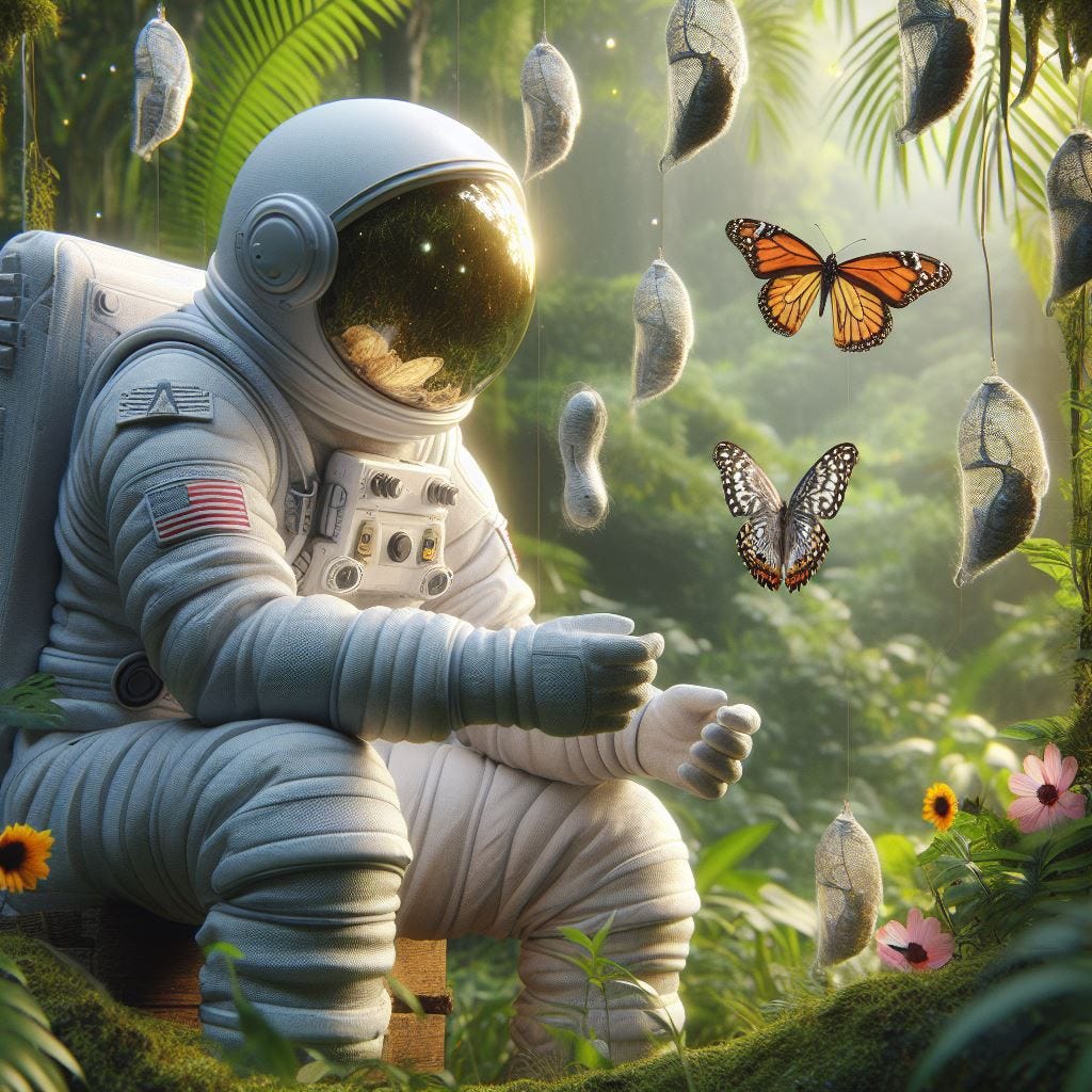 Fully suited white-gray suit astronaut in the jungle looking at butterfly, cocoon and crysalis, photorealistic