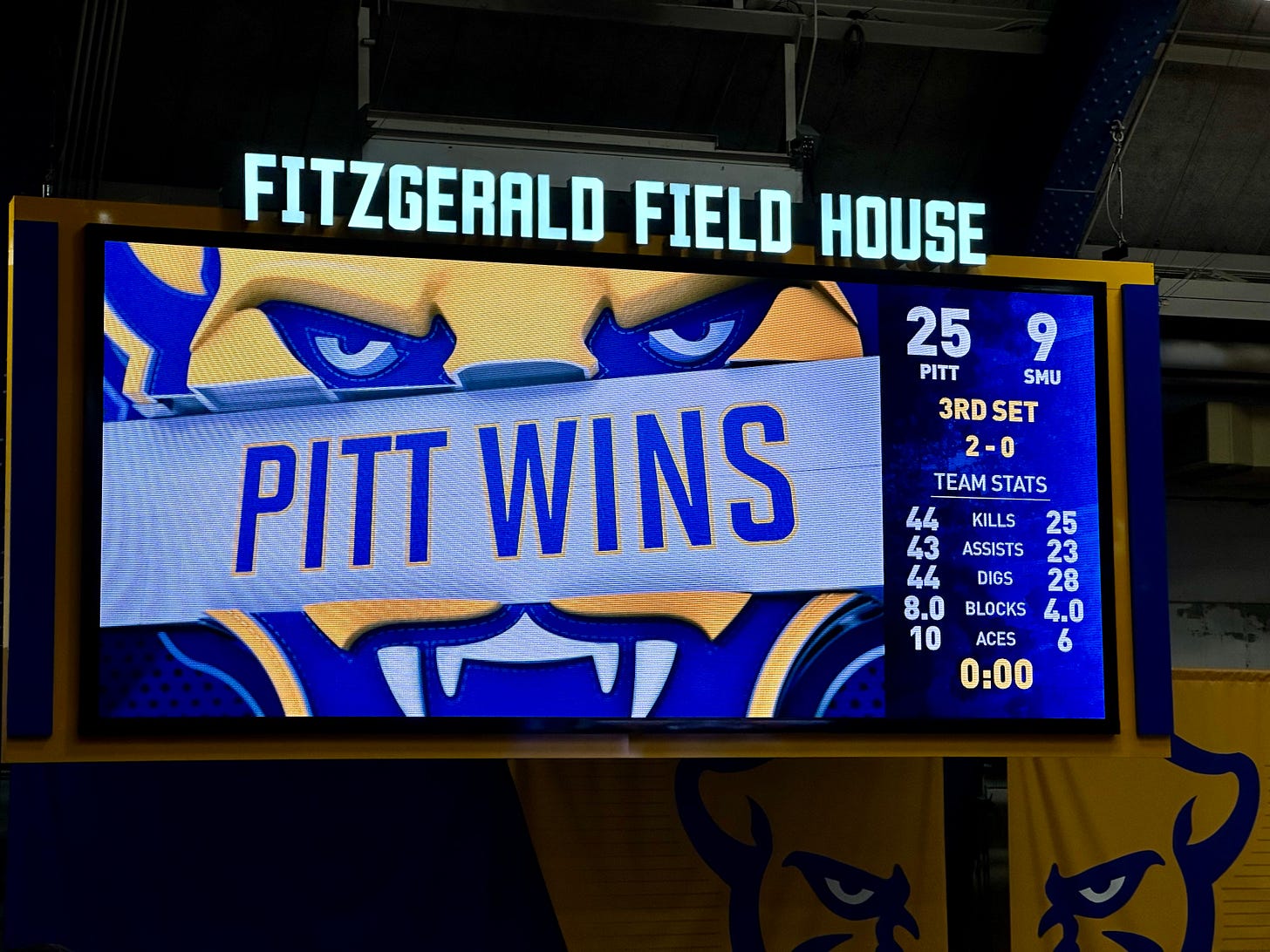 Scoreboard reading PITT WINS and the third set score of 25-9