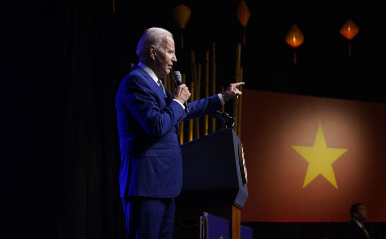 U.S. President Joe Biden addresses a press conference, in Hanoi, Vietnam, Sunday, Sept. 10, 2023. (AP Photo/Evan Vucci)