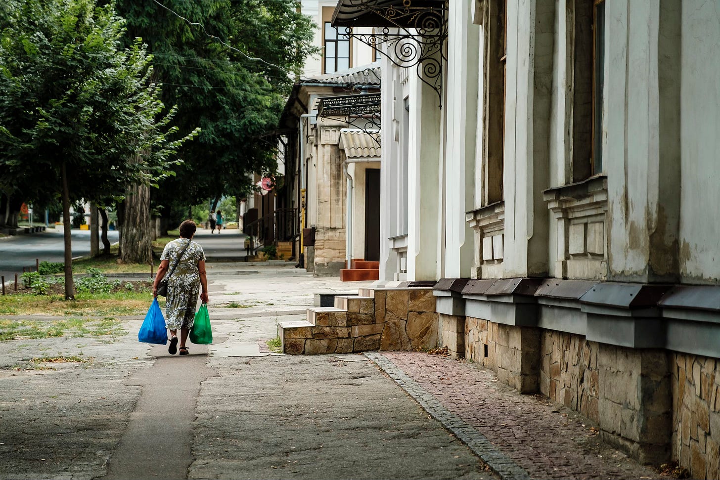 a woman carrying her shopping back home, city centre, Chisinau, Moldova