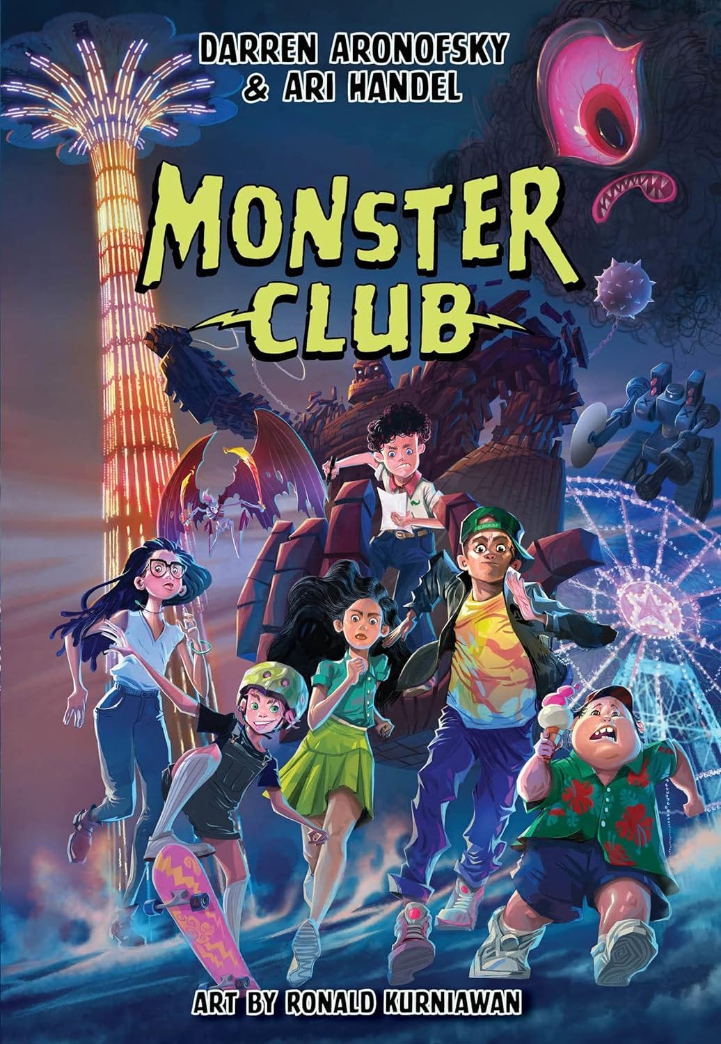 The cover of Monster Club shows a group of tweens running away from oversized monsters at Coney Island