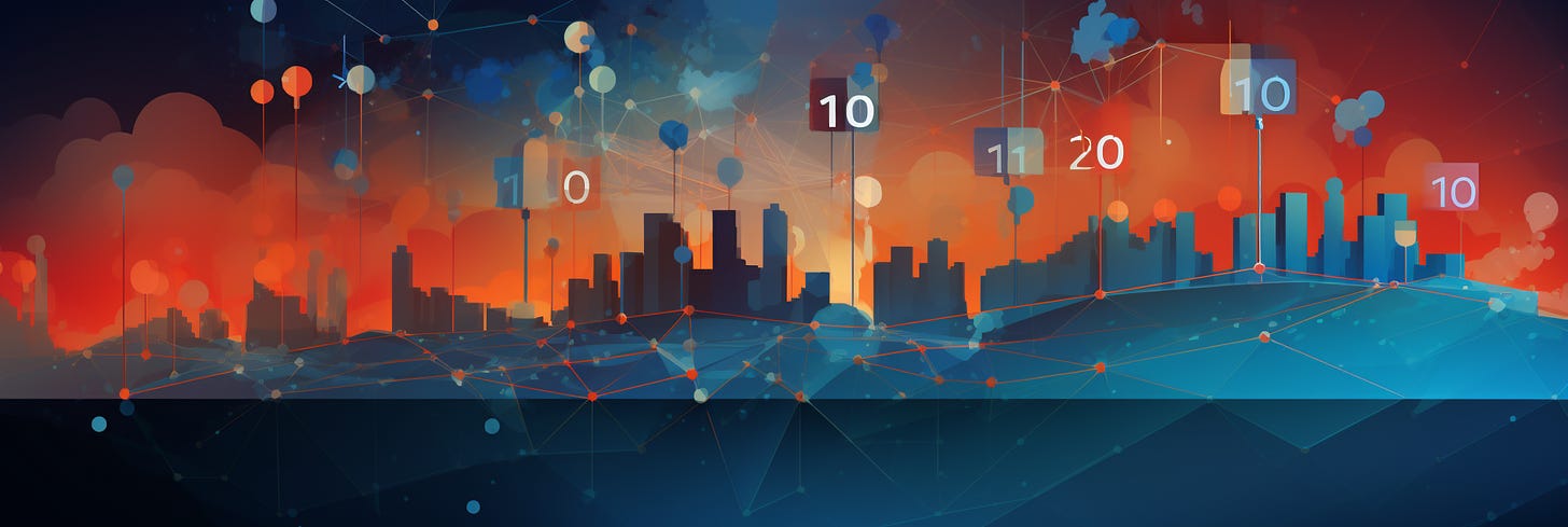 A futuristic cityscape bathed in a gradient of warm orange and cool blue hues, with interconnected lines and nodes forming a network above and below the skyline. Numbers like "10," "11," and "20" float above buildings, creating a sense of data visualization or augmented reality overlay.