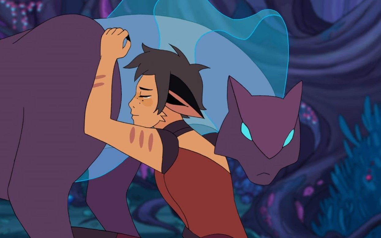 teary-eyed Catra hugs Melog, who peers over her shoulder (She-Ra and the Princesses of Power, 2018)