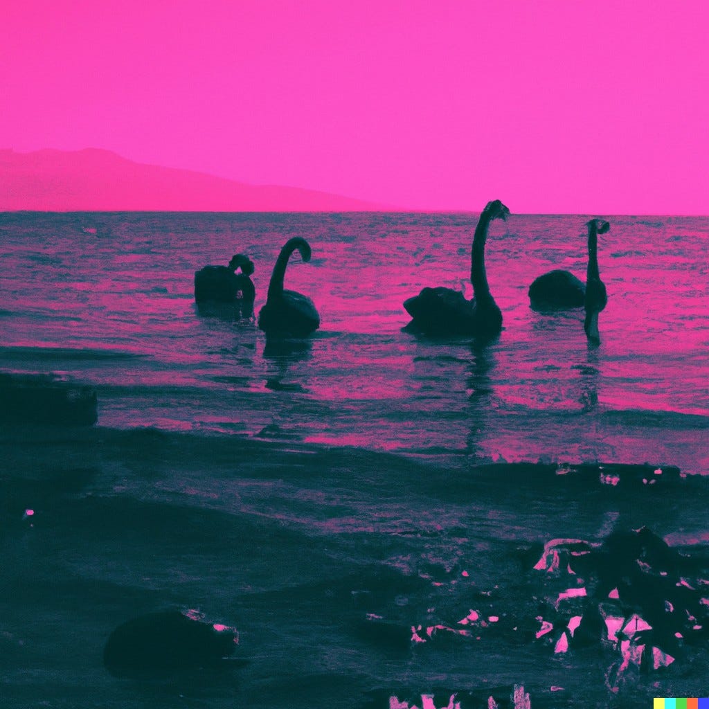 Black swans on the black sea, by DALL-E