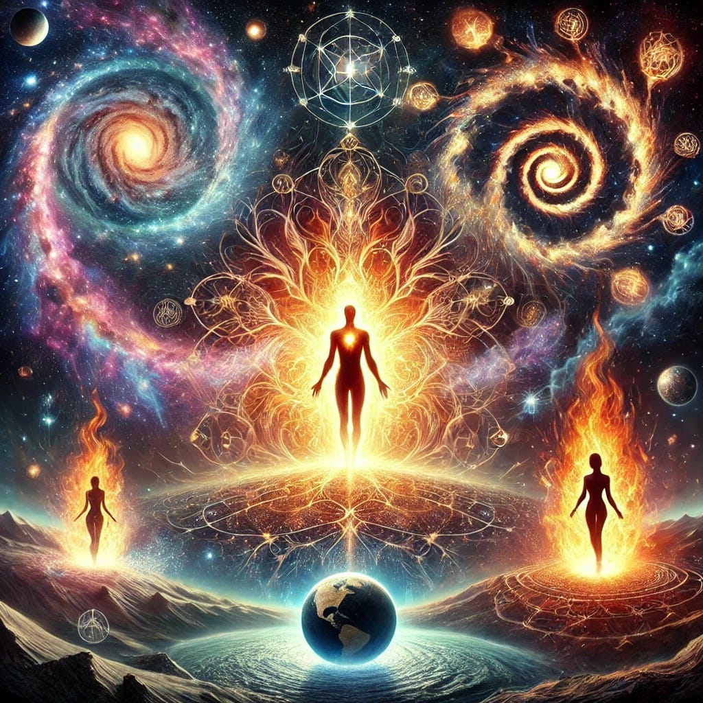 A surreal, visionary artwork blending cosmic and earthly elements. The background features a celestial sky with swirling galaxies, intertwining serpent-like nebulae, and a radiant Earth rising on the horizon. At the center, a divine androgynous figure radiates power, standing between two flames—one symbolizing raw sexual energy, the other the fire of transformation. Their glowing eyes exude wisdom, and their stance is regal and grounded. Symbols of alchemy, sacred geometry, and shattered illusions float around them, signifying the breaking of old paradigms. Ethereal silhouettes engage in sacred, ritualistic intimacy, their energy interwoven with the earth's roots and cosmic fabric, bridging heaven and earth.