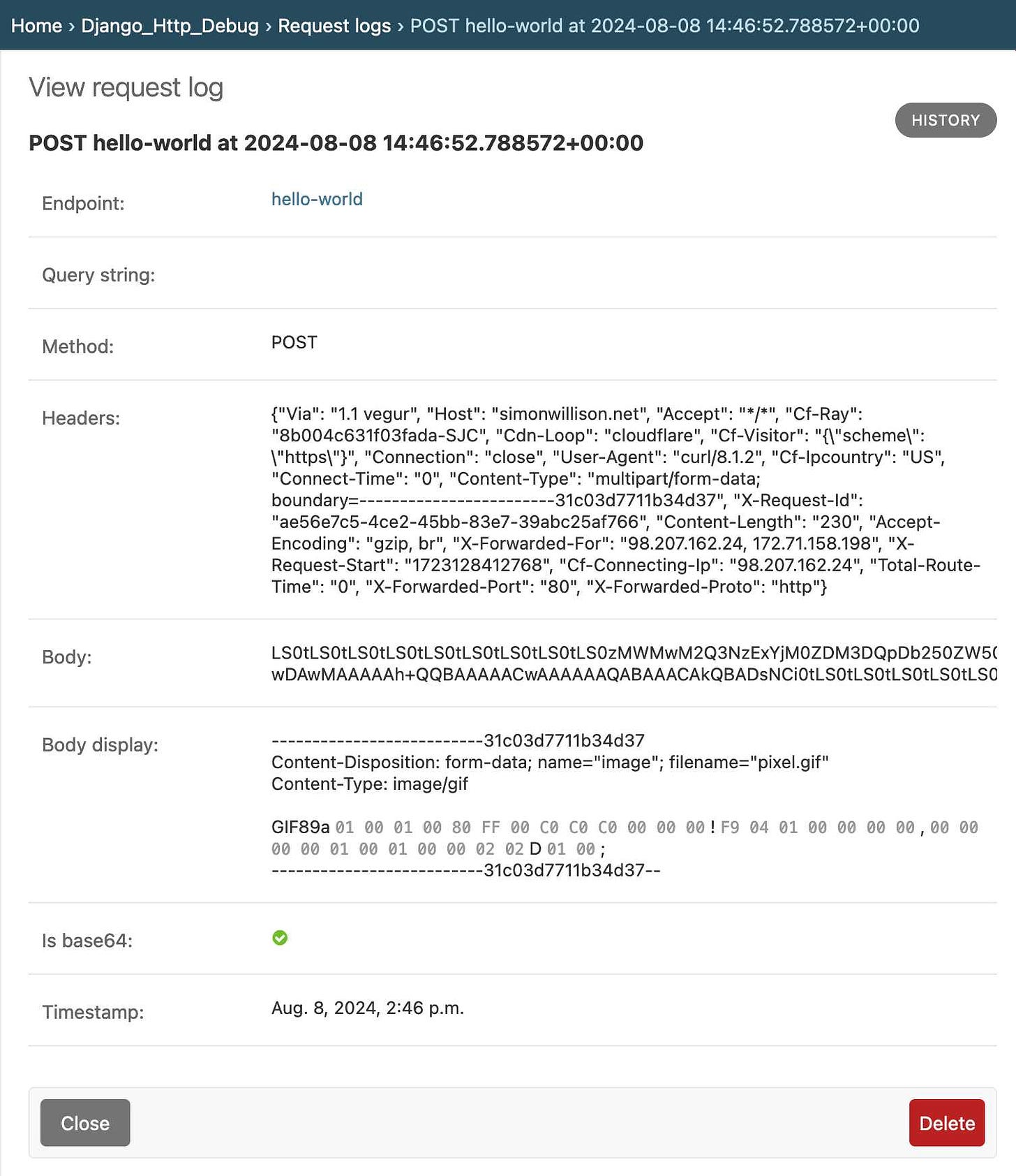 Django admin screenshot showing "view request log" screen - a logged POST request to the hello-world endpoint. method is POST, headers is a detailed dictionary, Body is a base64 string but body display shows that decoded to a multi-part form data with a image/gif attachment - that starts with GIF89a and then shows hex byte pairs for the binary data. Is base64 shows a green checkmark.