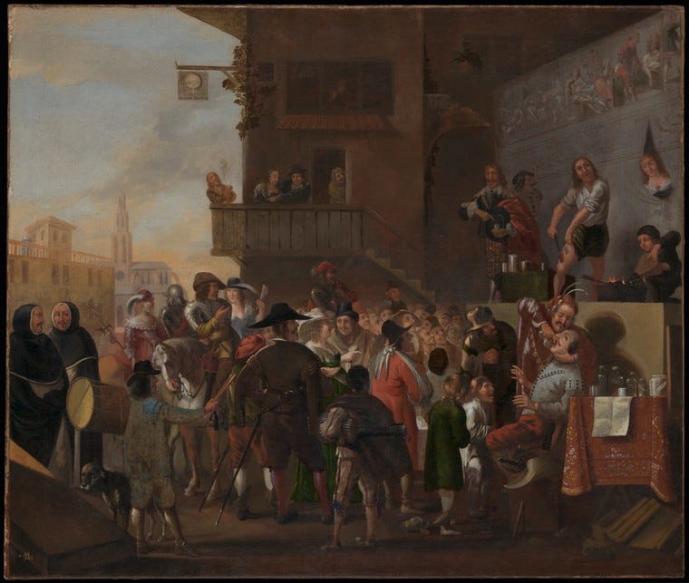 A crowd watching a troupe of quack-doctors on a stage outside an inn ...