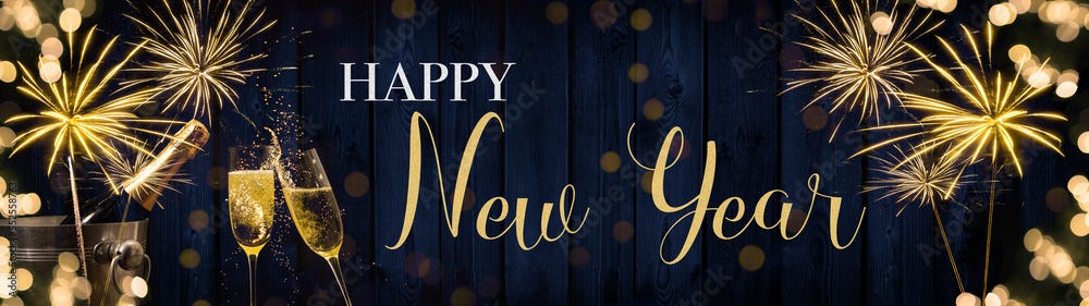 HAPPY NEW YEAR 2024 celebration holiday greeting card background banner  panorama - Champagne or sparkling wine bottles, bucket and toasting clink  glasses, golden firework on blue wooden wall texure Stock Photo | Adobe  Stock