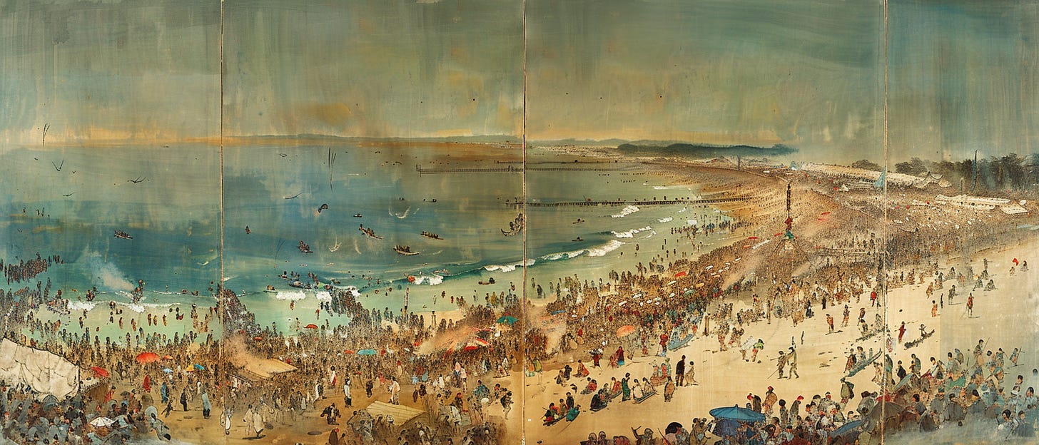 Panoramic historical painting depicting a vibrant, crowded beach scene with numerous people and boats, set against a backdrop of a tranquil sea and distant horizon.