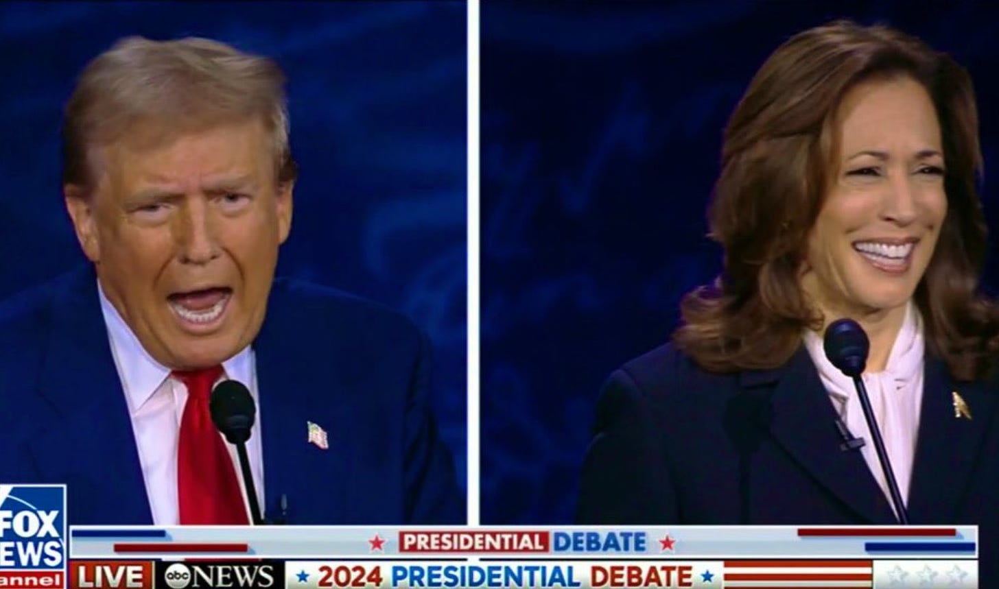 Trump yelling with mouth wide open, Harris laughing