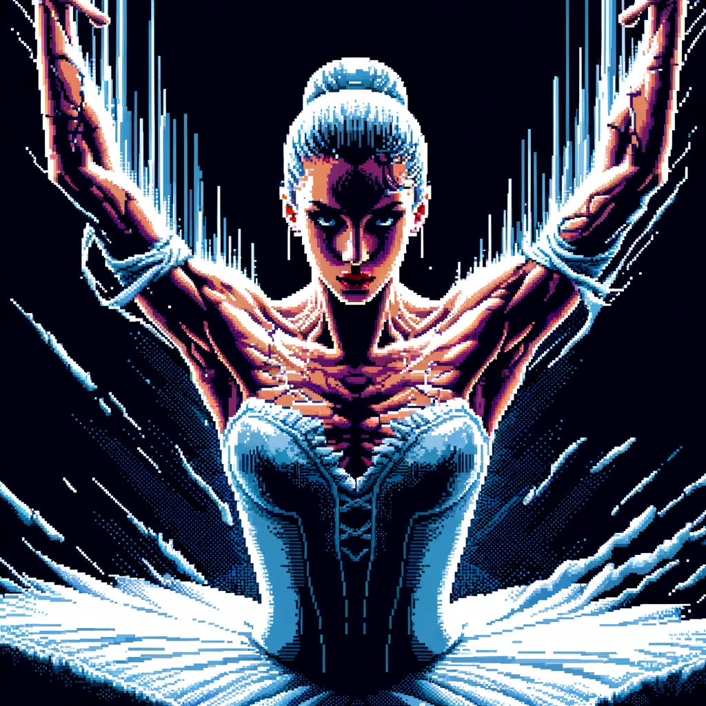 A 16-bit digital art piece inspired by the intensity and passion of ballet, featuring a female ballet dancer in a stark, severe pose. The image should exude neo-geo vibes reminiscent of SNK MAME arcade games, conveying a sense of being unhinged and relentless. The color palette should be dramatic and high-contrast, with an overall atmosphere that feels both dynamic and slightly unsettling. The dancer should be depicted in mid-performance, with a strong, focused expression.