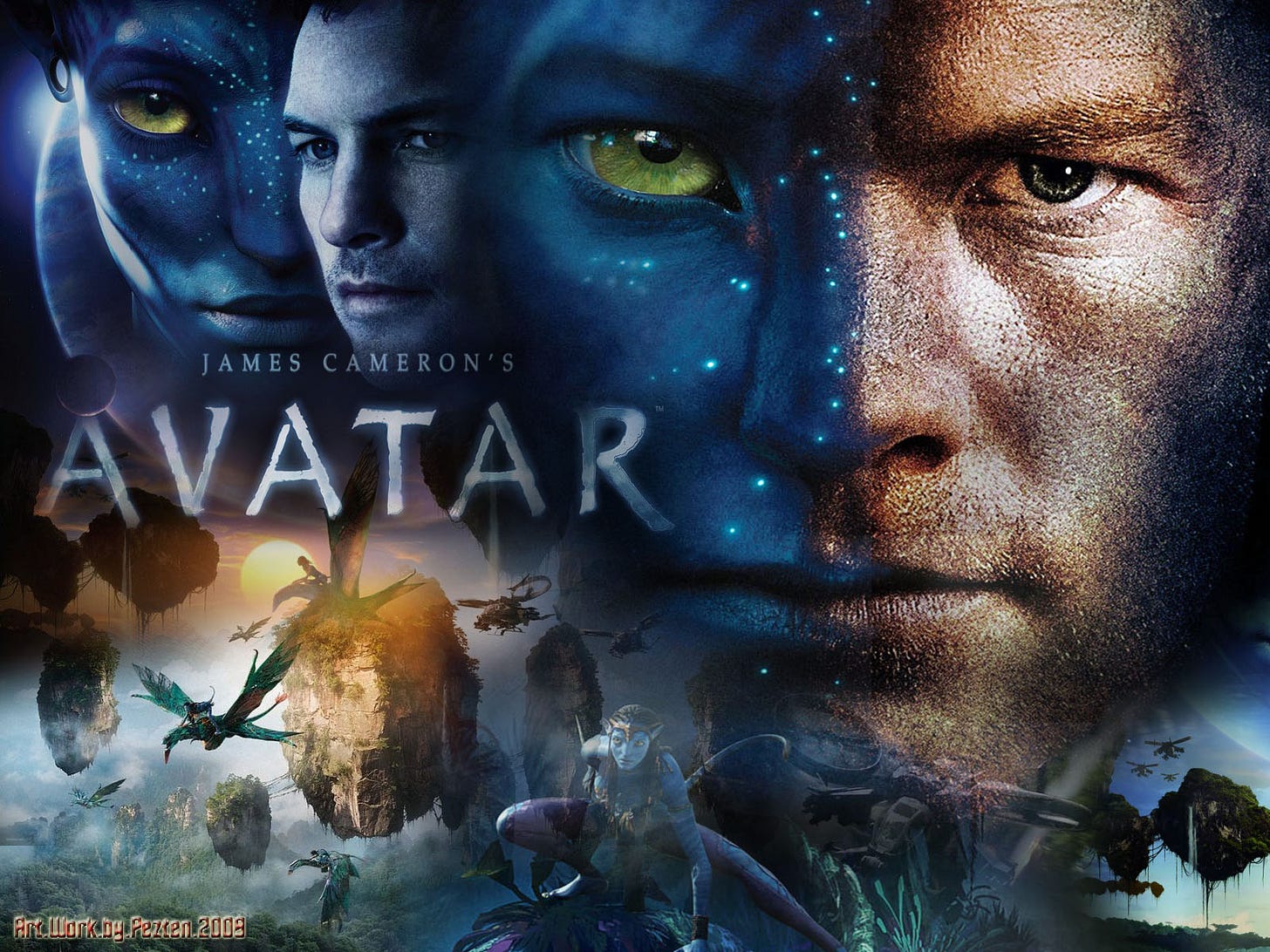 This image shows a fan-made one-sheet poster for James Cameron's 2009 film Avatar, which combines many images from the movie, the most prominent being the face of space marine Jake Sully (played by Sam Worthington) blended with his Na'vi avatar (a genetically engineered body that Sully can control from a remote location). This melded face occupies the image's top right corner. The words "James Cameron's Avatar" are visible on the poster's left side.