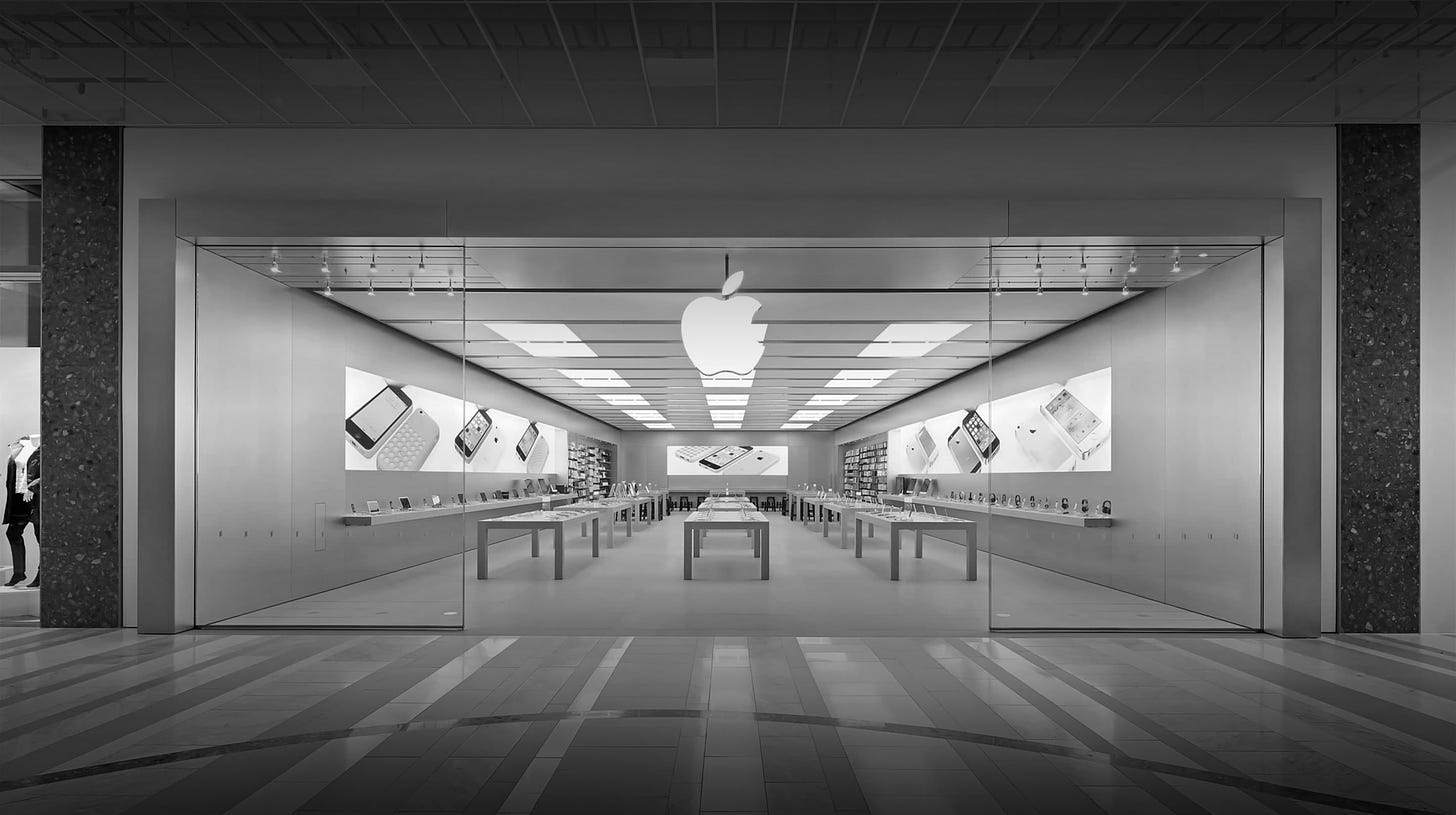 The hero image for Apple Väla Centrum in grayscale.