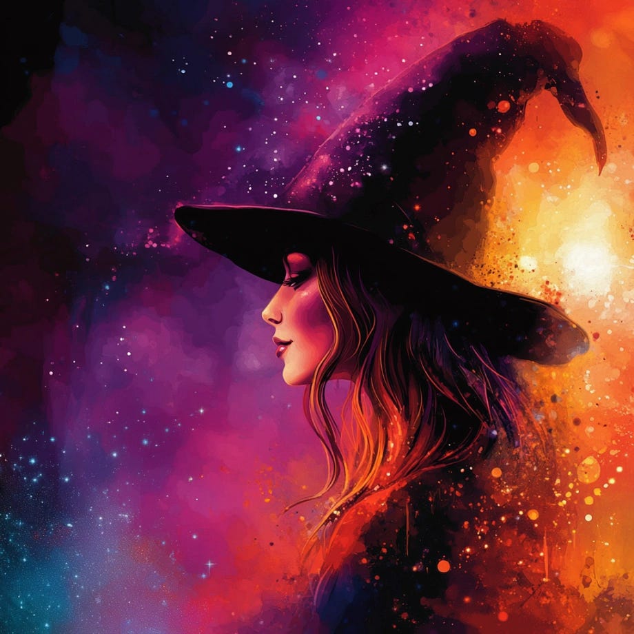 Profile of a witch with a sparkling cosmic background, blending vibrant shades of purple, red, and yellow.