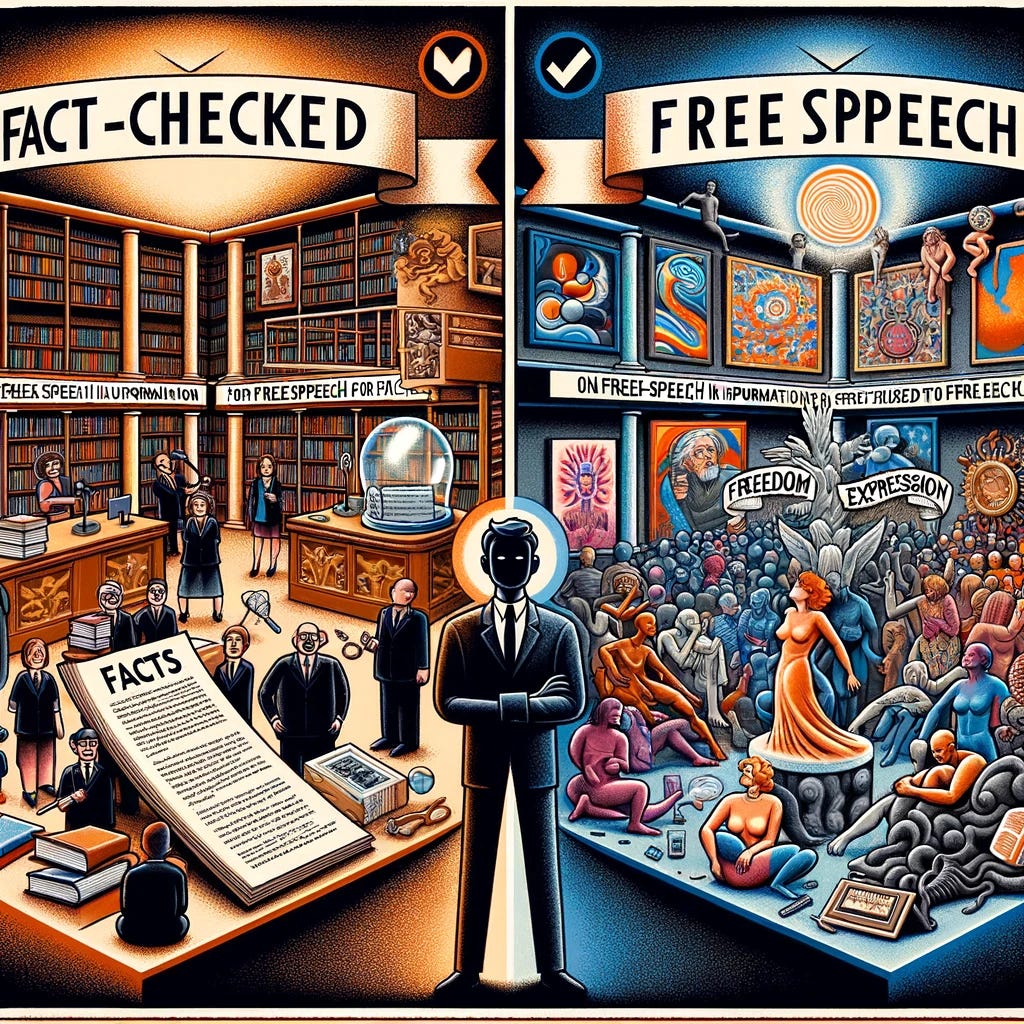 An illustrative representation of the concept that different free speech laws should apply to facts and values. The image is divided into two sections. On the left, a scene symbolizing 'Facts', features a library setting with shelves of books, a magnifying glass over a document, and a figure standing confidently with a banner stating 'Fact-Checked Information'. This side represents the scrutiny and validation required for facts, suggesting stricter speech laws. On the right, depicting 'Values', shows a colorful and expressive art gallery, with paintings and sculptures representing various beliefs and opinions. People in the gallery are freely expressing themselves, symbolizing the more lenient approach to free speech in the realm of personal values and opinions. A banner reads 'Freedom of Expression'. The contrast between the two sections highlights the proposed distinction in speech laws for facts and values.