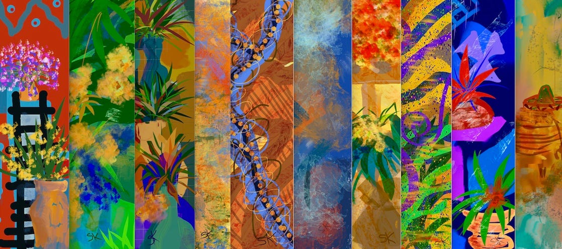 Multicolored vertical details of ten abstract digital paintings by Sherry Killam Arts forming a single horizontal design.