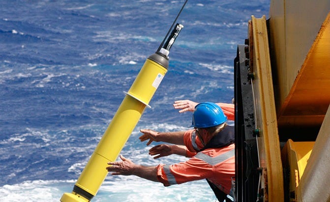 An Argo float is deployed into the ocean (photo: CSIRO)