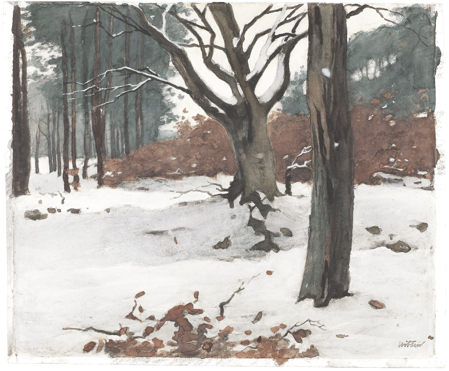 Watercolour painting of a snowy woodland scene, branches and orange leaves are scattered in the foreground as if in the aftermath of a storm. 