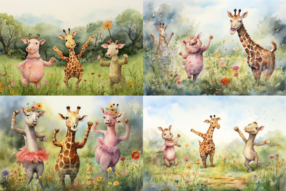 Creepy animal hybrids created by the following prompt: "“watercolor painting of a giraffe, pig, and hedgehog dancing in a meadow" in Midjourney