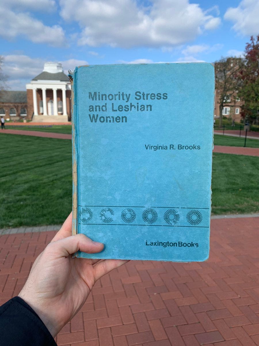 Eric Layland, PhD🏳️‍ on X: "Finally got my hands on the primary source on minority  stress! Placed in the @UDLibrary as a class gift in the early 1980s 🏳️‍  Reminder: Minority Stress was first described by Virginia “Ginny” Brooks in  *1981* https://t.co/