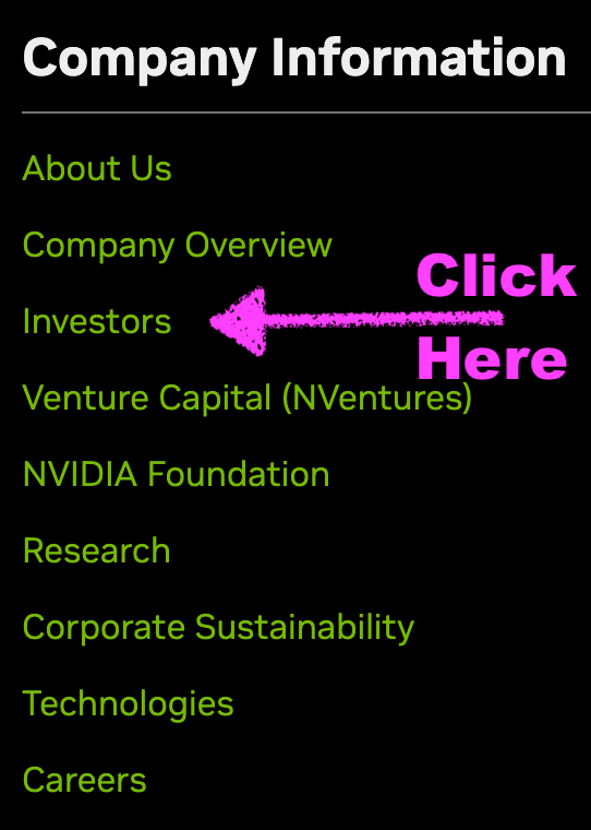 Investors link in the Nvidia website footer