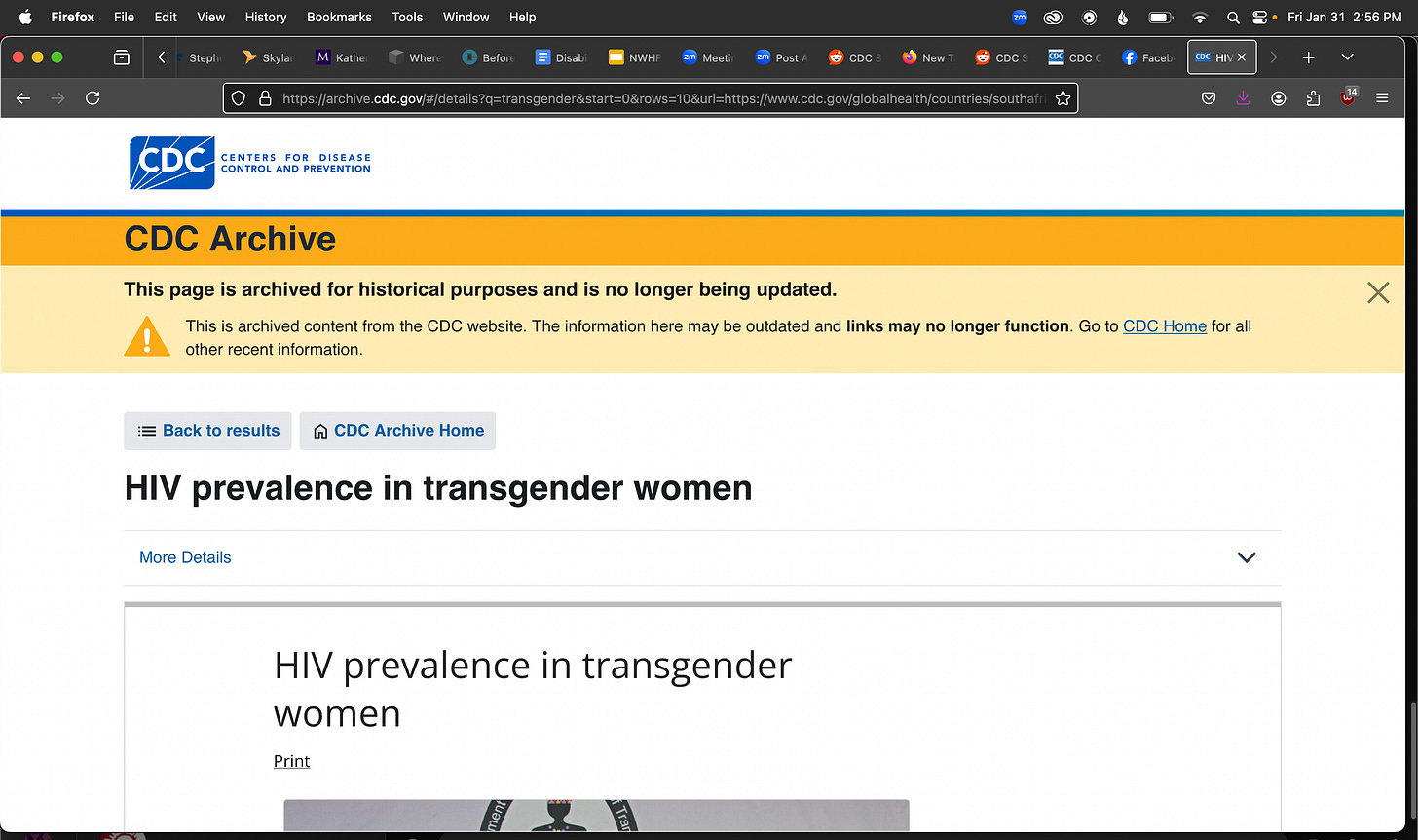 Screenshot of CDC webite of HIV prevalence in transgender women, it has a yellow banner and error sign that syas "This page is archived for historical purposes and is no longer being upodated"