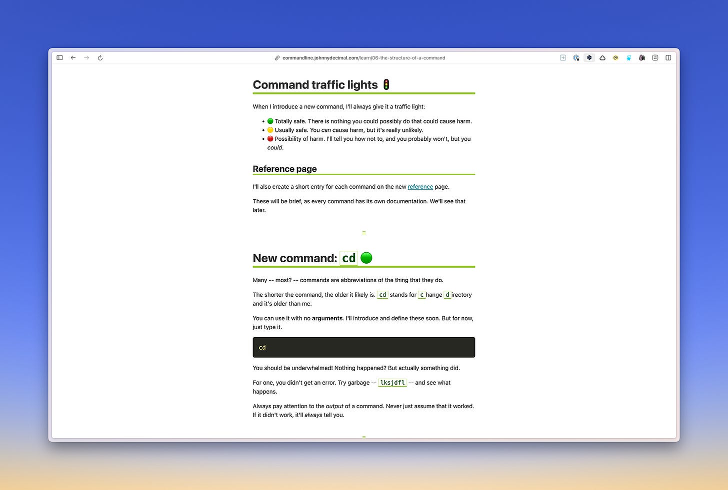 White browser window on a blue/yellow dynamic Apple background. The window shows the portion of Johnny’s Command Line blog that explains he will always use a traffic light system when introducing new commands: Green for totally safe, Amber for usually safe, and Red for possibility of harm.