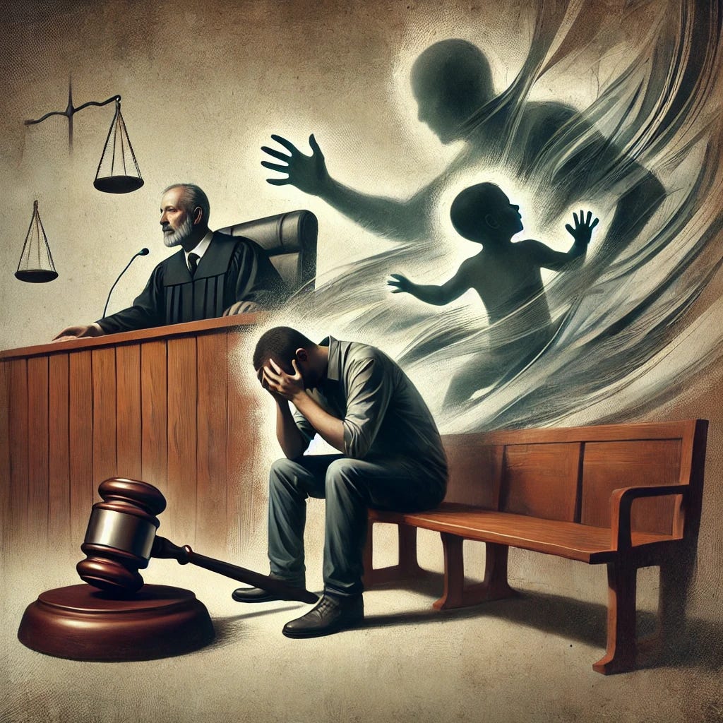 A somber courtroom scene highlighting the emotional toll of family court cases, featuring a distraught father sitting alone at a courtroom bench, holding his head in his hands. In the background, a judge's gavel is seen on a raised platform, symbolizing the weight of the decisions. The father appears surrounded by abstract, swirling shadows representing bias and misunderstanding, and a faint, ghostly image of a child reaching out towards him symbolizes the strained parent-child relationship. The overall tone is melancholic and thought-provoking, emphasizing themes of struggle and injustice. Artistic, realistic style with muted colors.