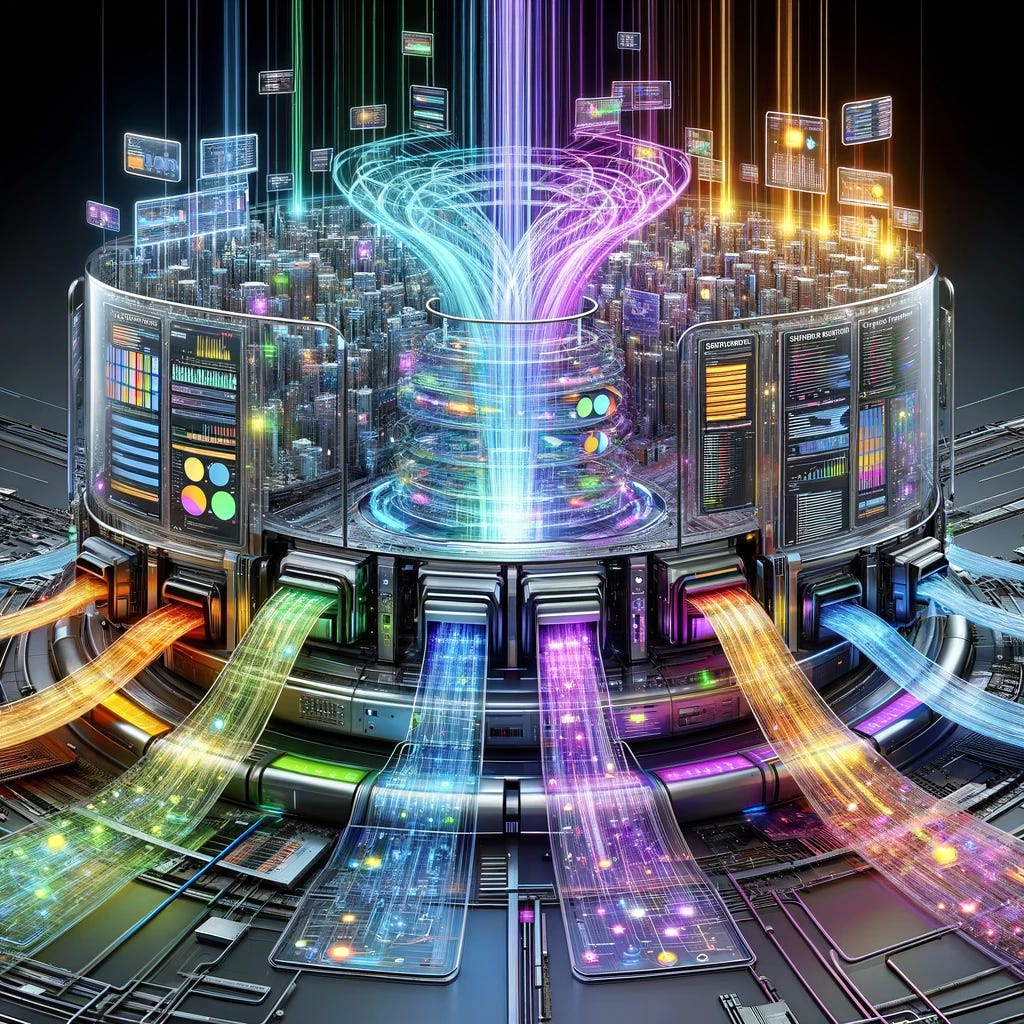 A detailed illustration showing multiple streams of colorful data representing user histories flowing into a complex, high-tech machine. The machine is a blend of futuristic elements such as transparent panels, glowing circuits, and digital screens, processing these data streams. On the other side, it outputs refined predictions in the form of bright, labeled beams of light. The scene is set in a sleek, modern environment with a color scheme of metallic silver and vibrant neon colors, emphasizing a cutting-edge technological process.