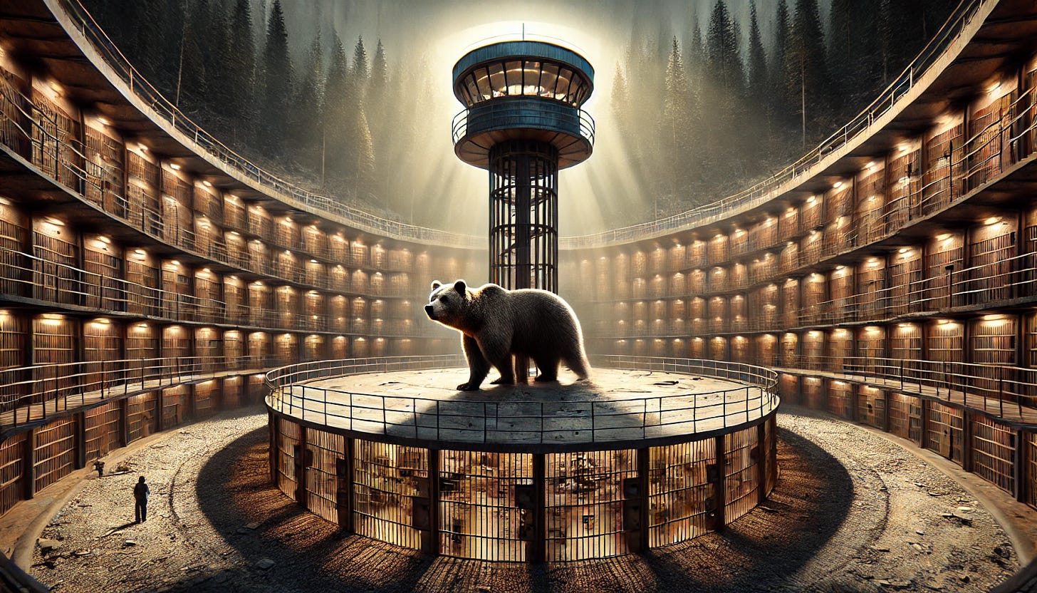 A surreal depiction of a grizzly bear overseeing a panopticon prison. The prison structure is circular with cells lining the walls, a tall central watchtower in the middle. The bear is majestic, standing upright, appearing as both an imposing guardian and a symbol of nature's watchful presence. The atmosphere is moody and slightly dystopian, with dramatic lighting casting long shadows. The setting combines elements of wilderness and human architecture, blending the forest environment with the prison's cold, metallic tones. Wide aspect ratio for an expansive view. Aspect ratio: 34:21.