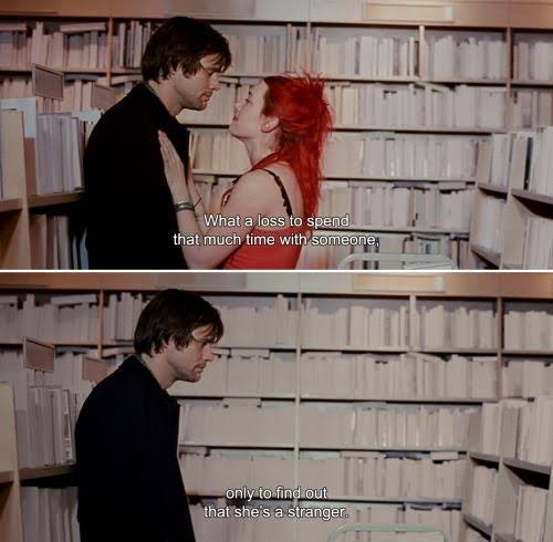 Can you guys tell me some movies name where they have this kind of scene.  'First scene they are together and the very next scene guy is lonely' (Ex- Eternal  Sunshine of