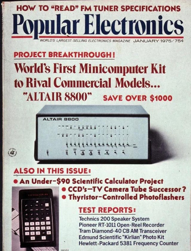 The Altair 8800 with its full kit, and the cover of Popular Electronics  from January 1975. The first commercially available microcomputer! :  r/cassettefuturism