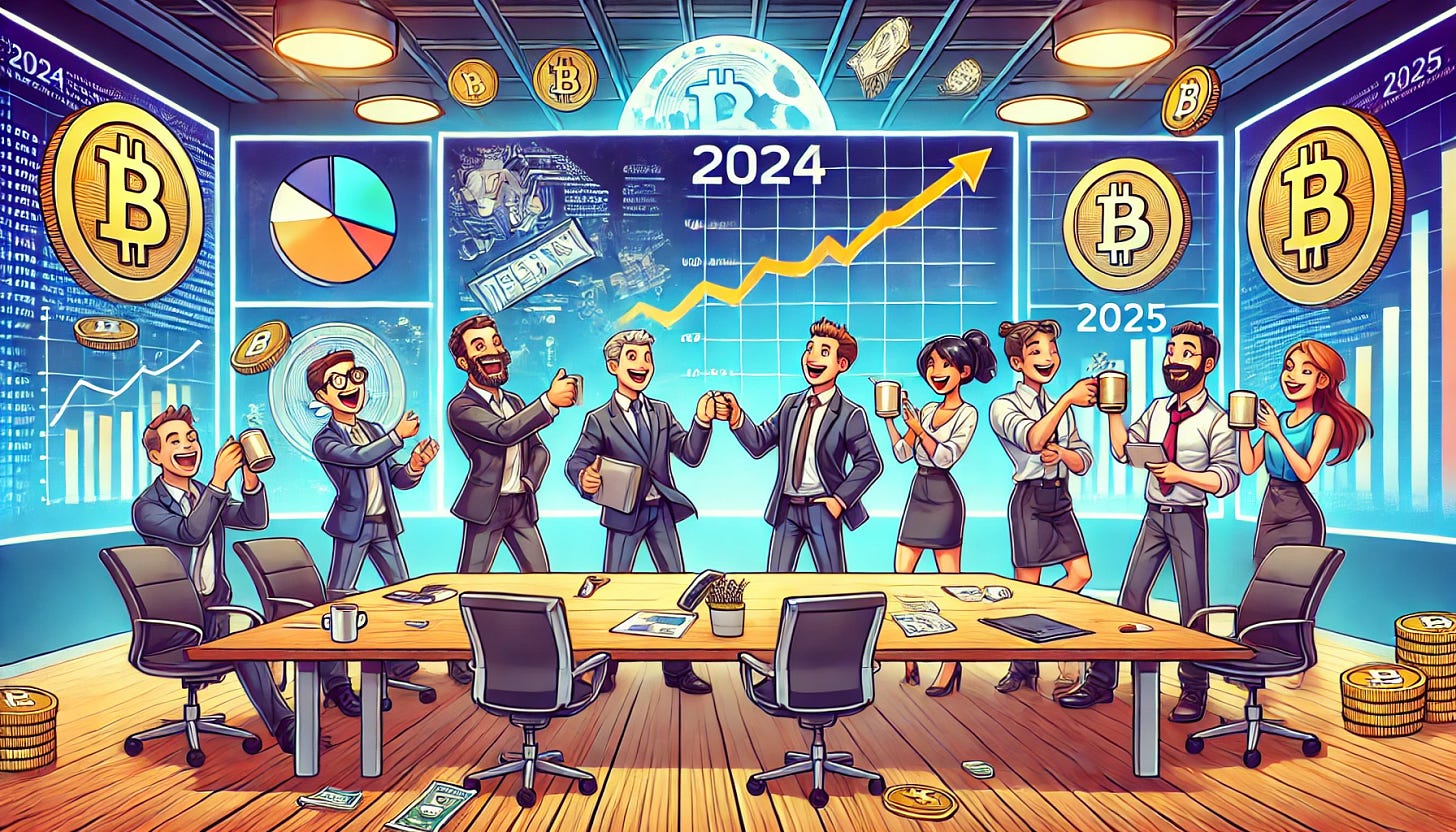 A cartoon-style image of business executives celebrating their accurate cryptocurrency predictions for 2024 while making bold forecasts for 2025. The setting is a modern conference room with a large screen displaying graphs of cryptocurrency trends and futuristic projections. The executives are wearing suits, with animated, cheerful expressions, toasting with coffee mugs and shaking hands. The scene features a dynamic, colorful composition in a classic cartoon drawing style, ideal for a banner layout.