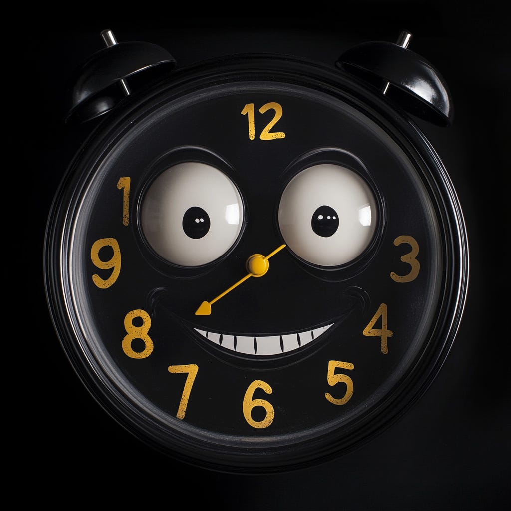 Smiling black alarm clock with yellow numbers and cartoon eyes, black background