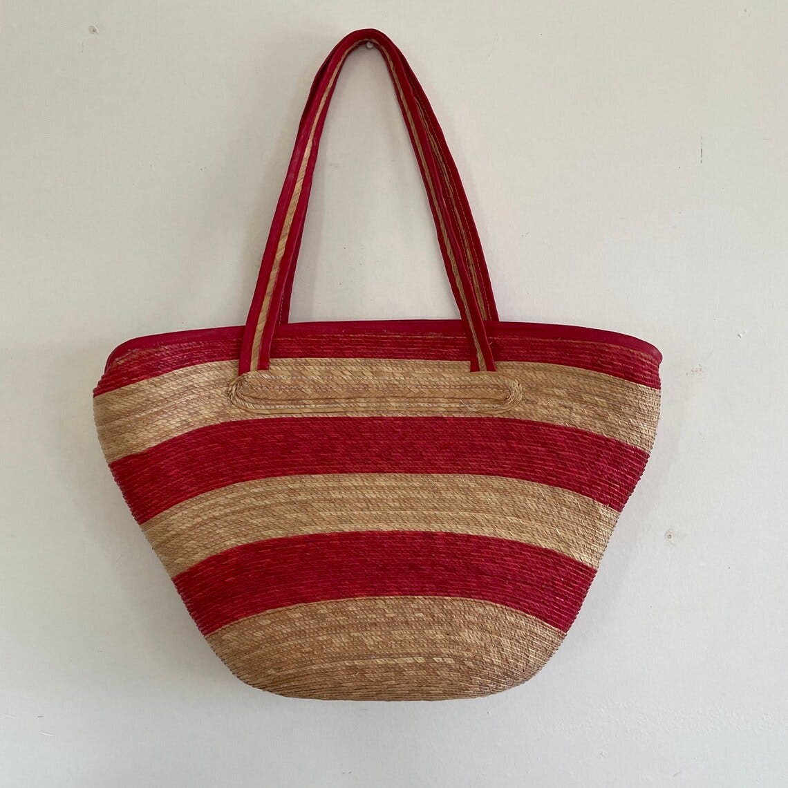 Vintage Tan and Red Striped Shoulder Bag, 1970s Beach Purse image 1