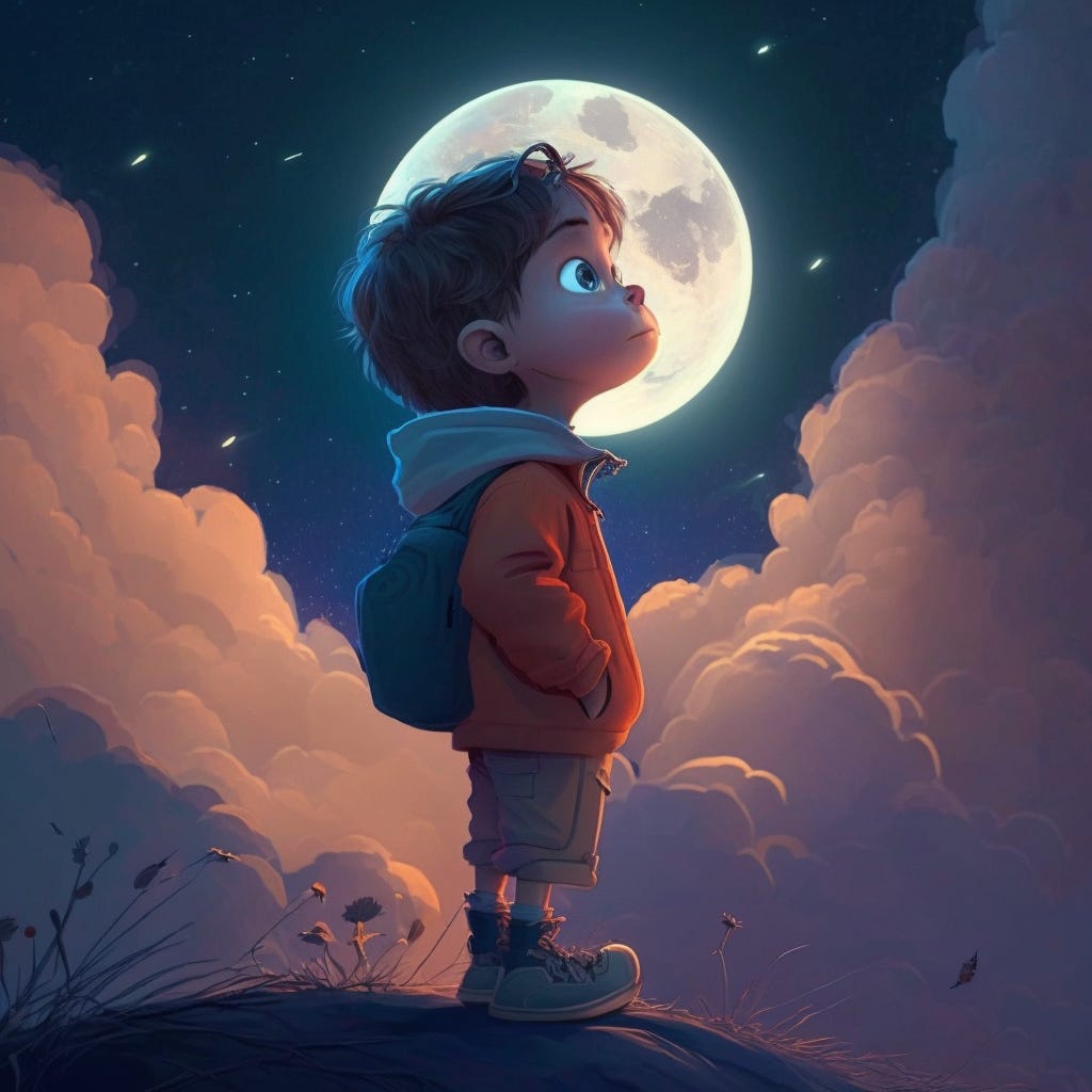 A young programmer looking up at the moon