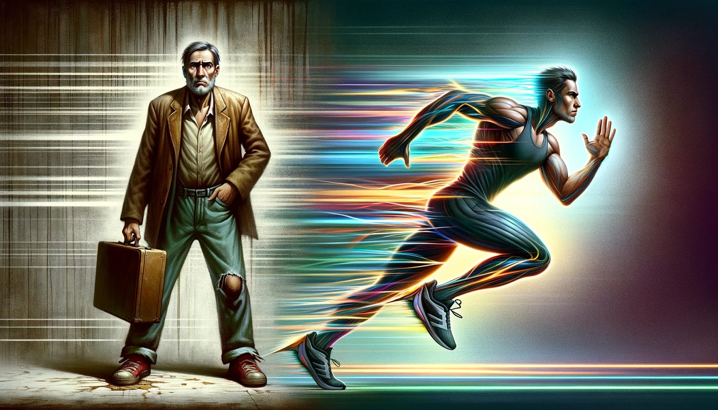 A dynamic diptych illustrating the evolution of a person from their old self to their new, faster, and more efficient self. The left side depicts the person in an older state, dressed in outdated, heavier clothing, looking tired and burdened, standing in a static pose, symbolizing a lack of speed and efficiency. The background of this side is dull, with muted colors, reflecting the person's previous limitations. The right side showcases the new, evolved version of the person, dressed in sleek, modern athletic wear, in a dynamic pose suggesting swift movement, such as sprinting or leaping, with a bright, energized expression on their face. The background on this side is vibrant and lively, with streaks of light and color that suggest speed and energy, symbolizing the person's newfound efficiency and capability. The transformation between the two states is highlighted by a visible contrast in posture, attire, and overall vibrancy, depicting the dramatic shift in performance and efficiency.