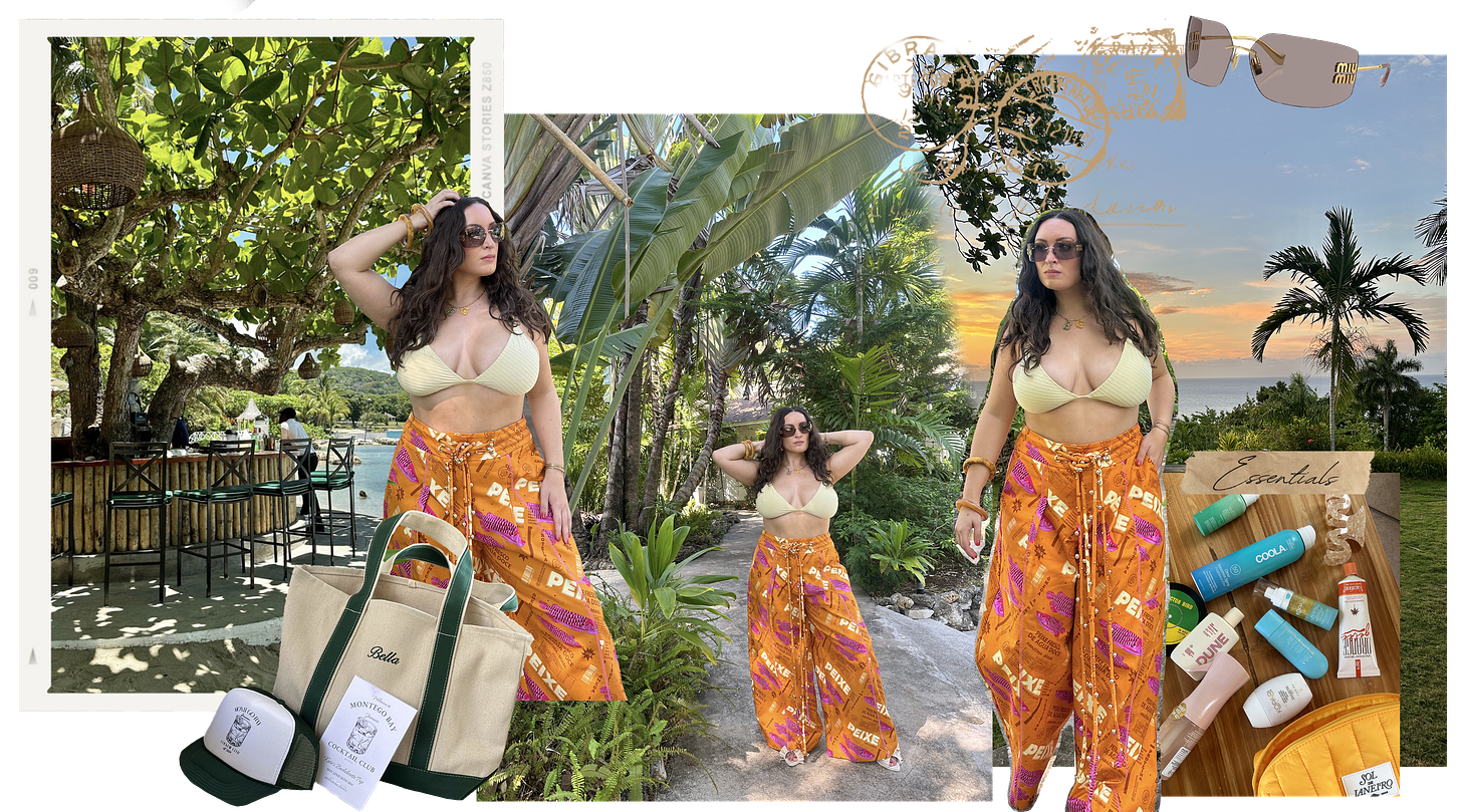 Images of Bella wearing Farm Rio pants with a bikini top and posing against the greenery of Jamaica