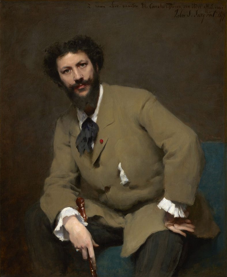 Carolus-Duran (1879), Sargent’s French painter mentor. He leans amiably forward, hand on knee, in a brown jacket and soft tie and collar.